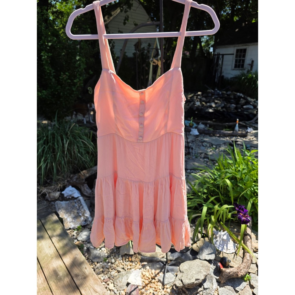 Forever 21 Peach Crinkle Tiered Mini Dress Smocked Back Sleeveless Ruffle Hem Lg